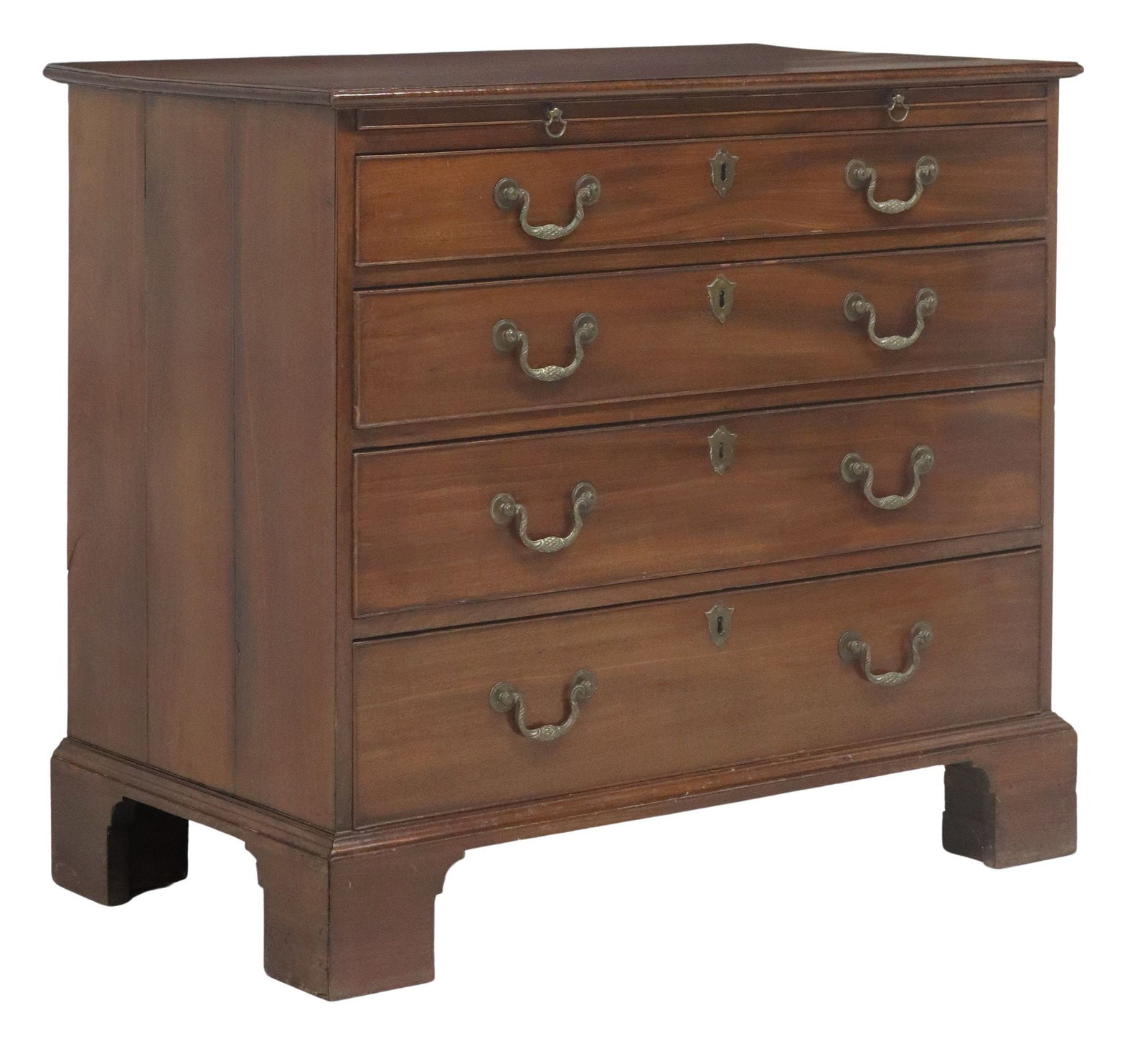 ENGLISH GEORGE III MAHOGANY CHEST OF DRAWERS: English George III mahogany chest of drawers, late 18th/ 19th c., brushing slide above four graduated long drawers, on bracket feet, approx 32.5"h, 36"w, 20.75"d