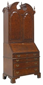 GEORGIAN STYLE BURL WALNUT & MAHOGANY BANDED BUREAU BOOKCASE