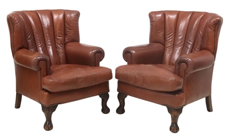(2) ENGLISH CHIPPENDALE STYLE BROWN LEATHER UPHOLSTERED ARMCHAIRS