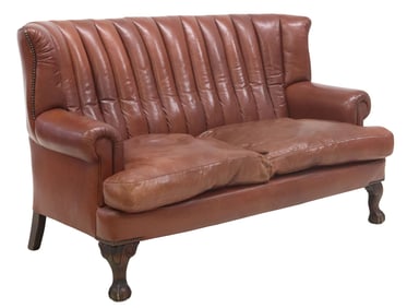ENGLISH CHIPPENDALE STYLE BROWN LEATHER UPHOLSTERED SOFA