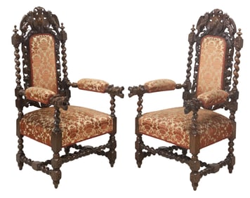 (2) RENAISSANCE REVIVAL CARVED OAK UPHOLSTERED ARMCHAIRS