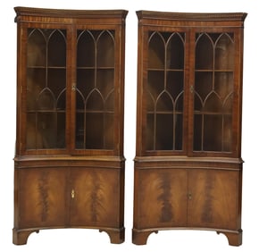 (2) ENGLISH GEORGIAN STYLE CONCAVE FRONTED MAHOGANY CORNER CABINETS