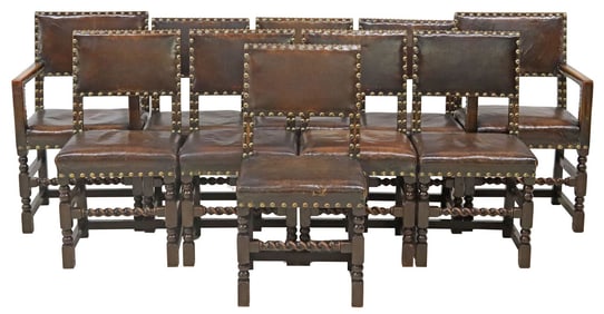 (10) RENAISSANCE REVIVAL OAK & LEATHER SIDE CHAIRS & ARMCHAIRS