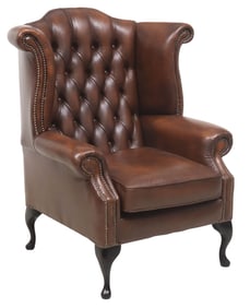 ENGLISH QUEEN ANNE STYLE BROWN LEATHER WINGBACK ARMCHAIR