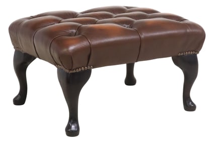 ENGLISH QUEEN ANNE STYLE BUTTON-TUFTED BROWN LEATHER OTTOMAN