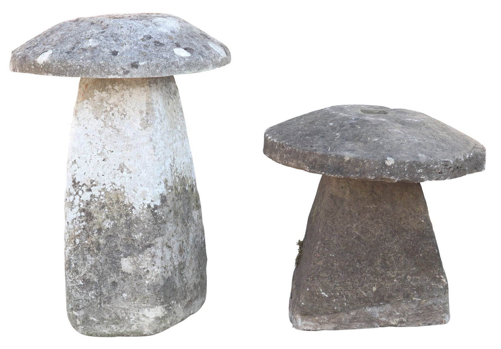 (2) ENGLISH MUSHROOM-FORM STADDLE STONES: (lot of 2) English mushroom-form staddle stones, of mushroom form, with removable top stone, resting on angular base, largest: approx 29.75"h, 20.75"diam **PLEASE NOTE: All of the cast 