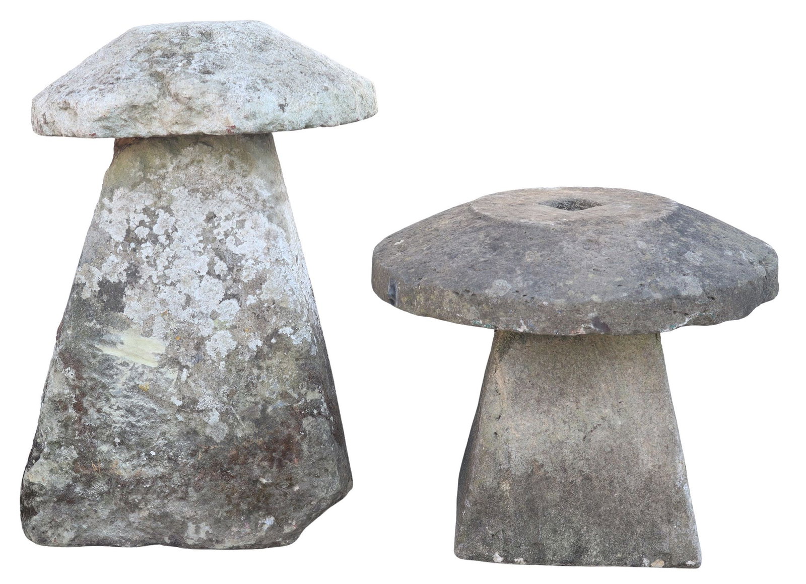 (2) ENGLISH MUSHROOM-FORM STADDLE STONES: (lot of 2) English mushroom-form staddle stones, of mushroom form, domed cap-form top, resting on angular base, including: (1) conjoined at the base and cap, approx 29.5"h, 19"diam; (1) comp