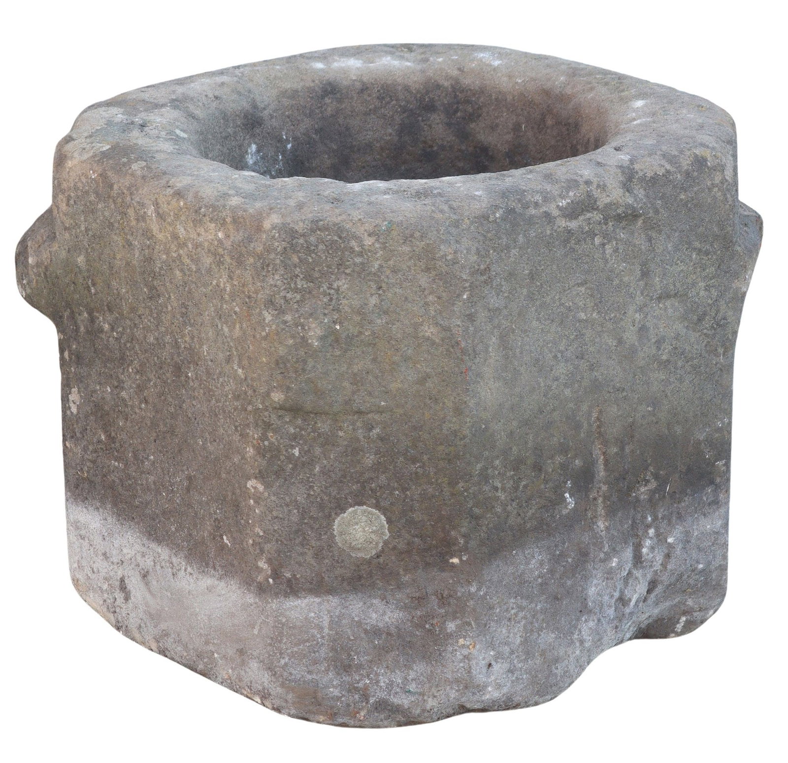 RUSTIC CAST STONE GARDEN TROUGH: English stone trough, of irregular squared form, approx 13"h, 15"w, 15"d **PLEASE NOTE: All of the cast stone and garden pieces in this auction have inherent flaws and evidence of outdo