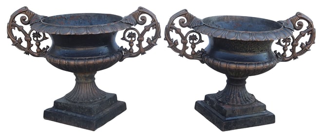 (2) NEOCLASSICAL STYLE PAINTED CAST IRON HANDLED GARDEN URNS