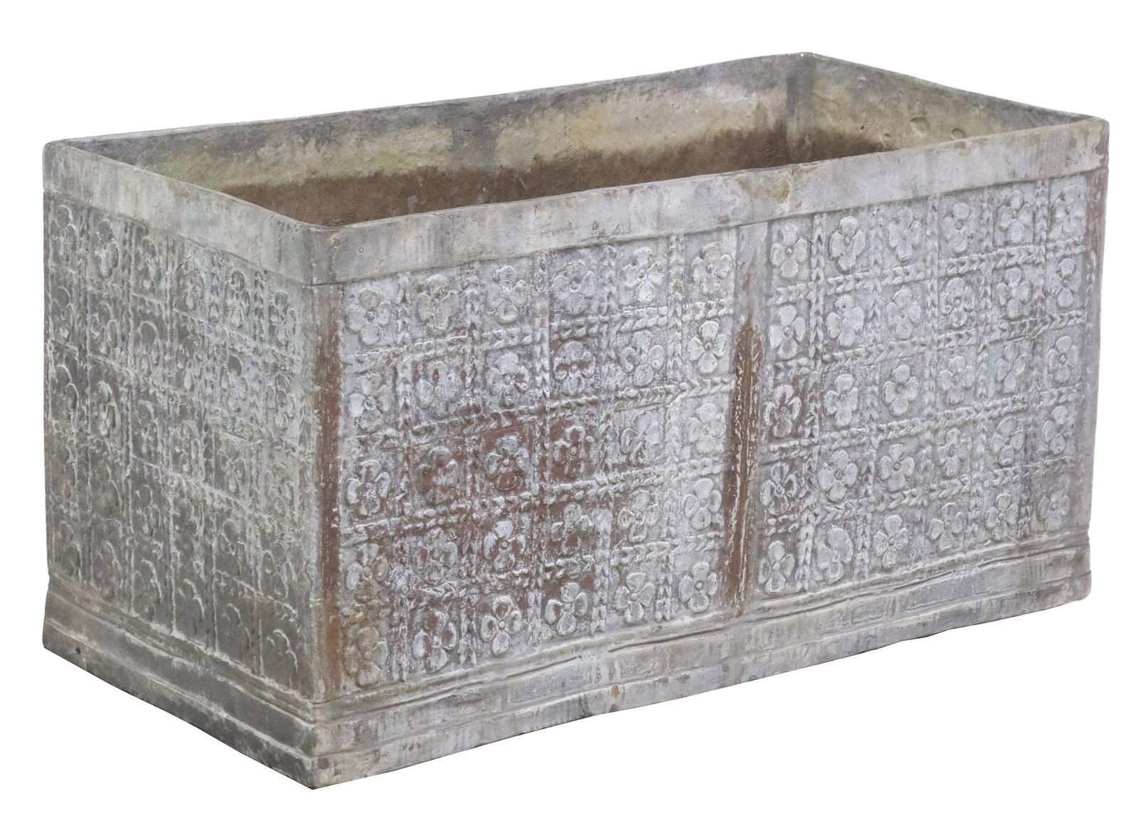 LARGE ENGLISH RECTANGULAR LEAD JARDINIERE / PLANTER BASIN: Large English lead jardiniere/ planter, early 20th c., rectangular basin with molded floral motifs, drilled drainage holes, typical denting and oxidation, approx 15.5"h, 29.5"w, 14.75"d