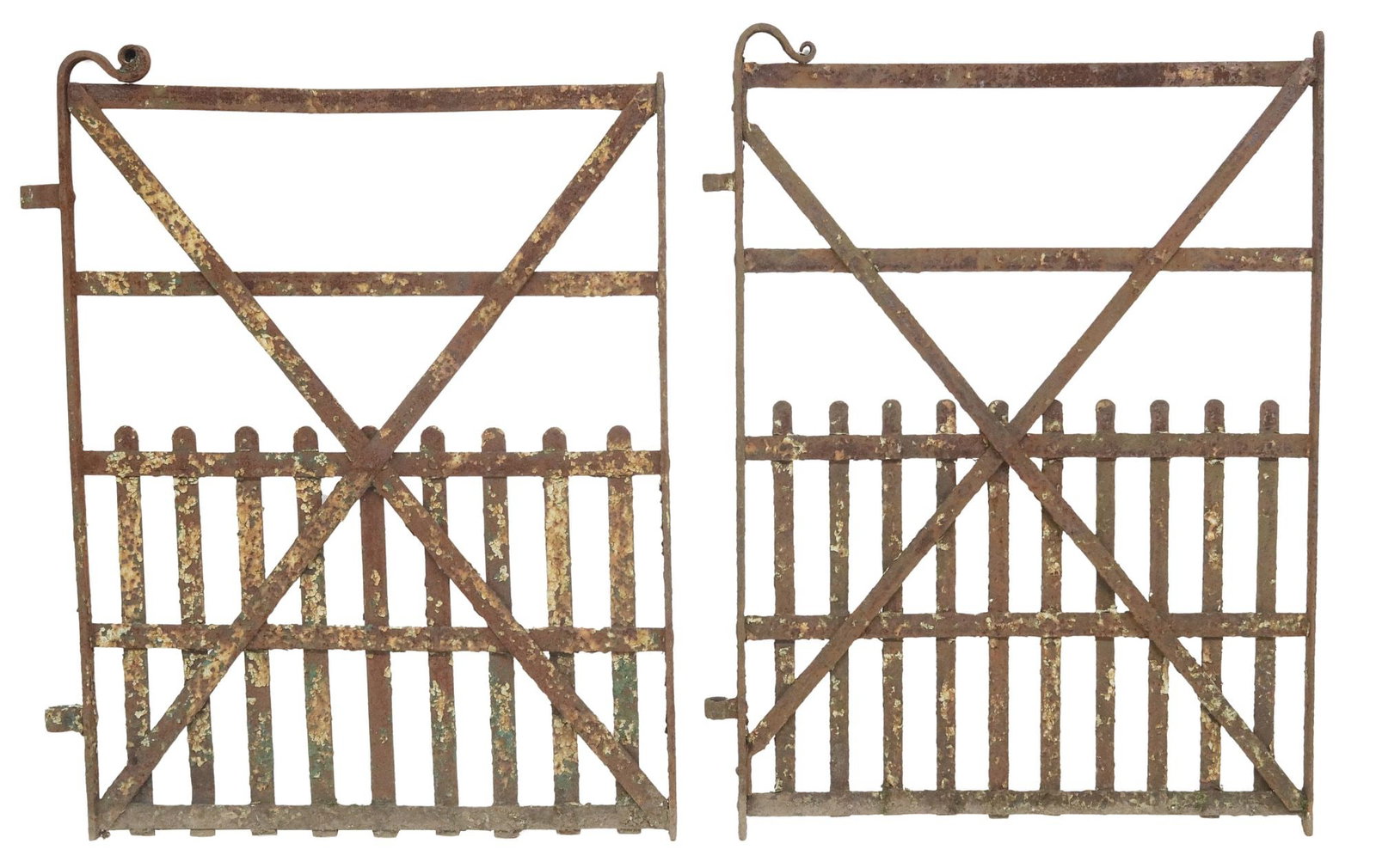 (2) RUSTIC ENGLISH WROUGHT IRON SMALL GARDEN GATES: (pair) Rustic English wrought iron small garden gates, late 19th c., each having rectangular framed with cross stretcher and slatted lower edge, heavy oxidation, approx 41"h, 30.5"w