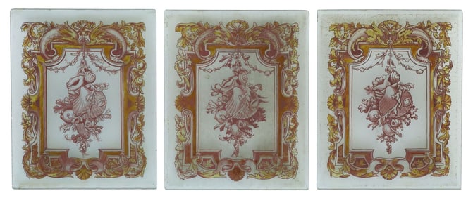 (3) ARCHITECTURAL ROCOCO STYLE PAINTED FROSTED GLASS PANELS