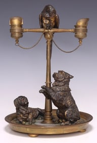VICTORIAN PATINATED BRONZE DESK STAND WITH DOGS & PARROT