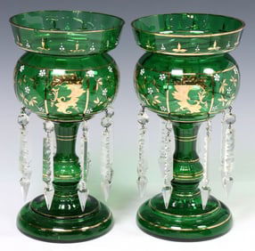 (2) PARCEL GILT GREEN GLASS & CRYSTAL MANTEL LUSTERS