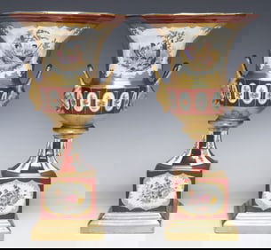 (2) OLD PARIS STYLE PARCEL GILT PORCELAIN URNS