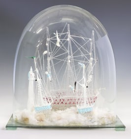 VICTORIAN LAMPWORK ART GLASS SAILING SHIP MODEL IN CLOCHE