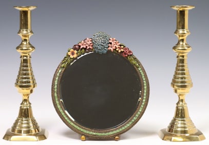 (3) ENGLISH VANITY ITEMS, FLORAL BARBOLA MIRROR & BRASS CANDLESTICKS