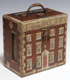 ENGLISH PAINT-DECORATED HOUSE FACADE MAHOGANY TABLE BOX