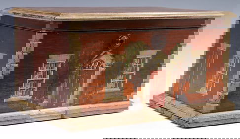 ENGLISH PAINT-DECORATED HOUSE FACADE MAHOGANY WORK BOX