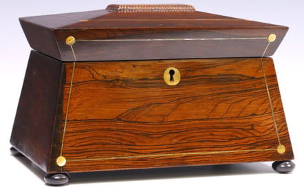 ENGLISH REGENCY INLAID ROSEWOOD SARCOPHAGUS-FORM TEA CADDY