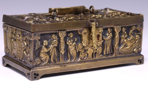 ENGLISH VICTORIAN GOTHIC REVIVAL BRASS CASKET