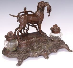 PATINATED METAL HUNTING DOG DOUBLE INKWELL DESK STAND