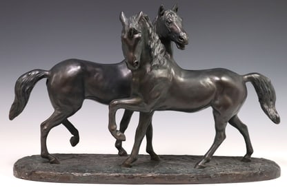 AFTER CLAUDE LECLERC VERDIGRIS COMPOSITE HORSES SCULPTURE, 26"L