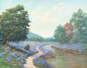 FRAMED OIL PAINTING ON CANVAS, TEXAS BLUEBONNETS, SIGNED REYNOLDS