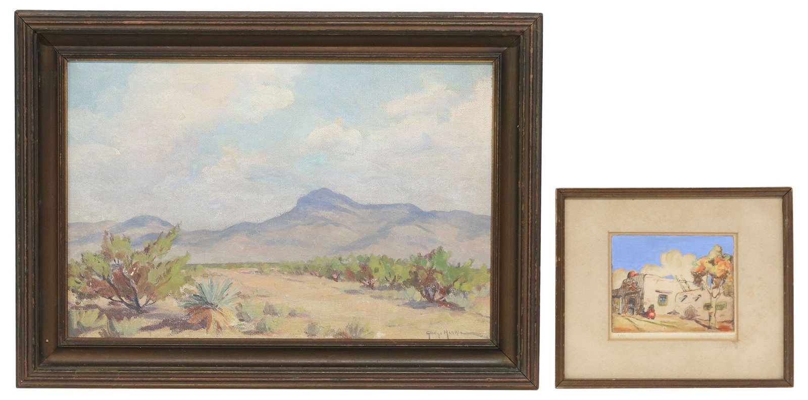 (2) GLADYS GAFFIELD HINKLE SOUTHWEST LANDSCAPE PAINTING & ETCHING: (lot of 2) Framed art, signed lower right Gladys Hinkle (Gladys Gaffield Hinkle, Texas, 19th/ 20th c.), including: (1) oil on board painting, Southwestern Landscape, inscribed verso "exhibited EP