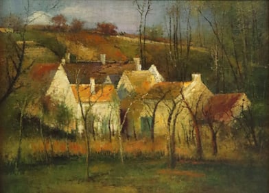 TREVOR JAMES (20TH C.) PAINTING LANDSCAPE WITH FARMHOUSE, 30" X 40"
