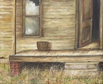 WANDA KELSEY (20TH C.) ACRYLIC PAINTING OF RUSTIC CABIN PORCH