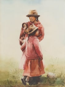 SIGNED MAGUAN WATERCOLOR PAINTING ANDEAN MOTHER & DAUGHTER