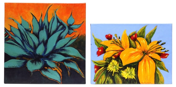 (2) JUDY COPELAND (TX, B.1943) ACRYLIC PAINTINGS, 'AGAVE' & 'ORANGE LILIES'