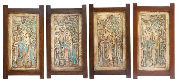 (4) MAYAN-STYLE CARVED & POLYCHROMED ALABASTER RELIEF PLAQUES