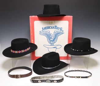 (7) BLACK WOOL & BEAVER FELT COWBOY HATS & WESTERN HAT BANDS, 2 EDDY BROS