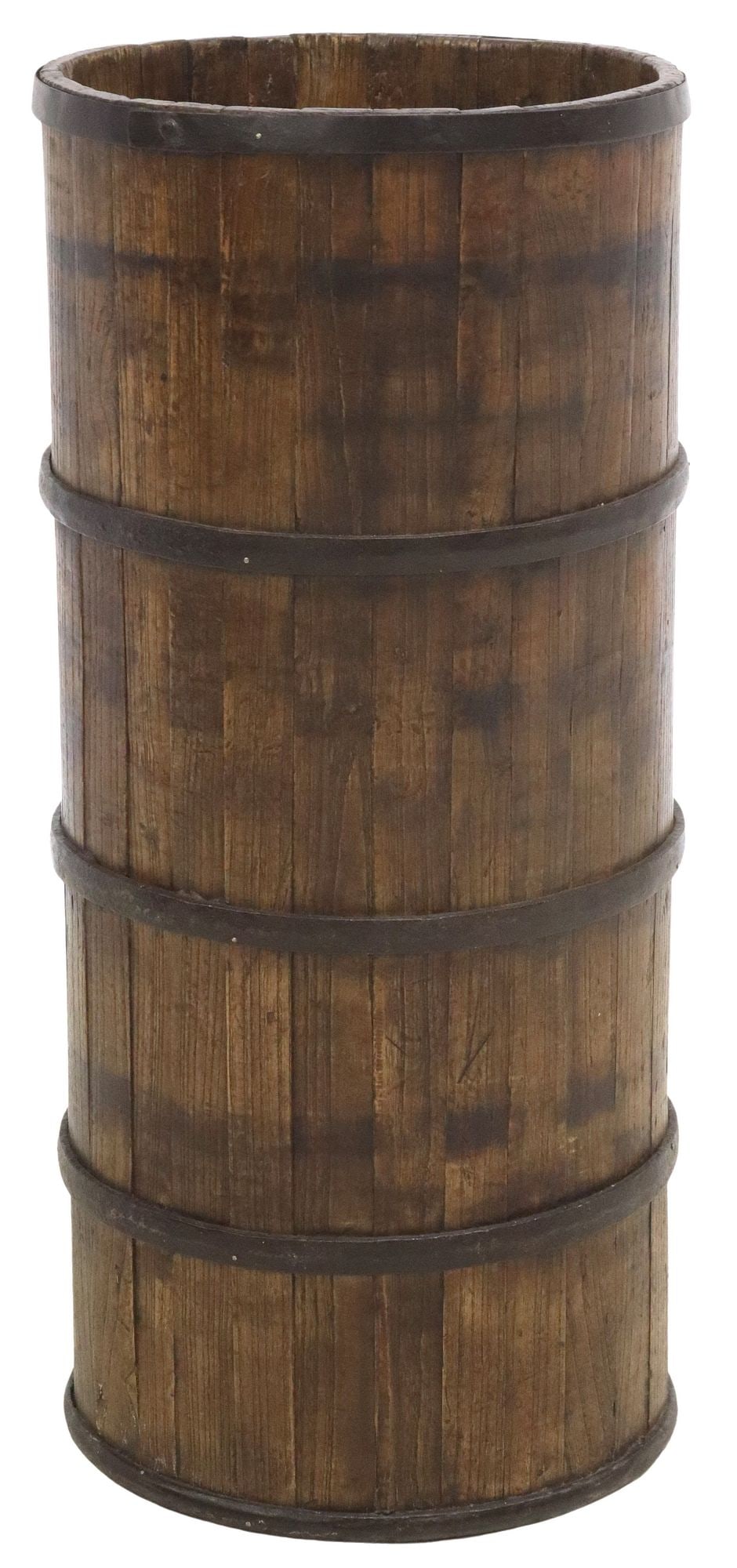 ENGLISH IRON-BOUND OAK BARREL-FORM STICK STAND: English iron-bound coopered oak barrel-form umbrella or stick stand, early 20th c., approx 30"h, 13.5"diam