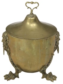 ENGLISH FIGURAL MASK HANDLES LIDDED BRASS COAL BIN