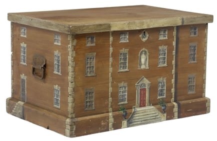 ENGLISH PAINT-DECORATED HOUSE FACADE IRON-HANDLED WORK BOX