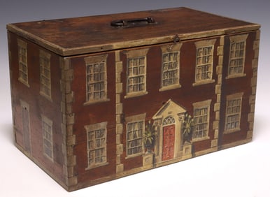 ENGLISH PAINT-DECORATED HOUSE FACADE PINE WORK BOX