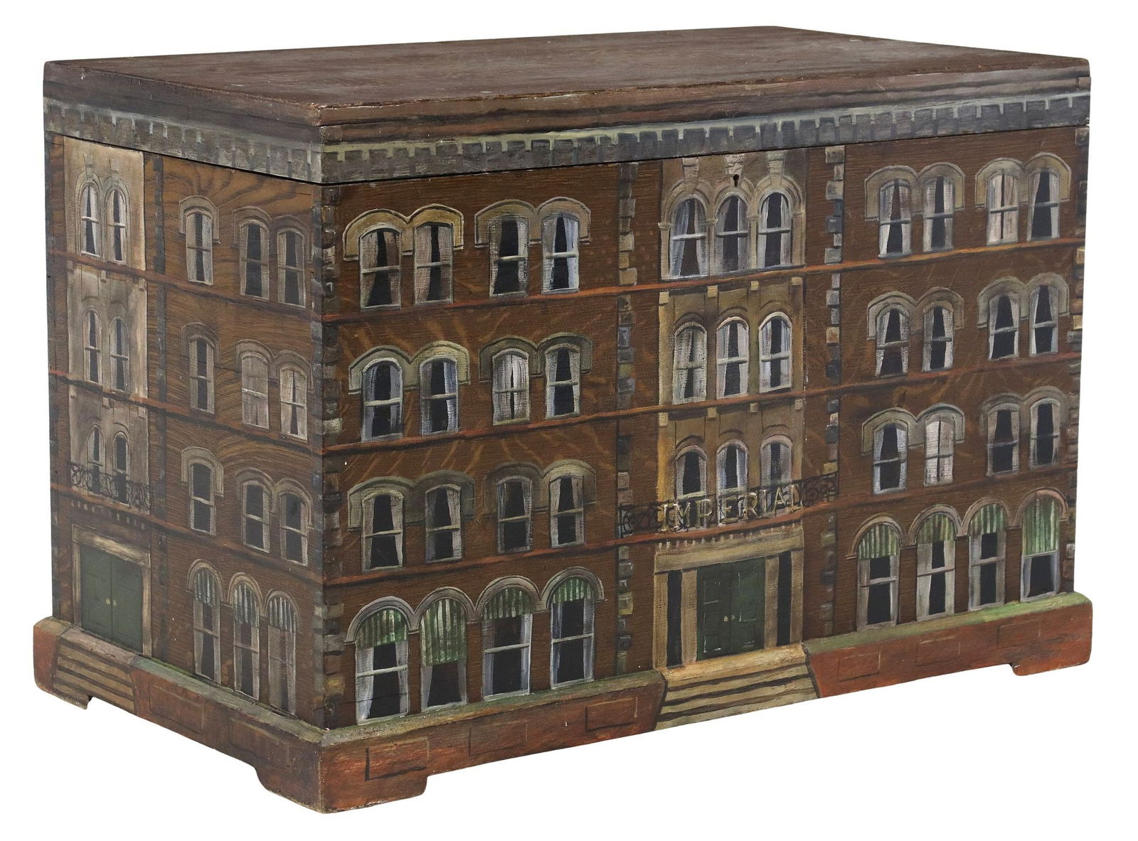 ENGLISH PAINT-DECORATED IMPERIAL HOTEL FACADE WORK CHEST: English paint-decorated cedar chest, late 19th c., exterior later-painted as the facade of the Victorian Imperial Hotel in Blackpool, Lancashire, hinged lid opening to large interior storage, fal