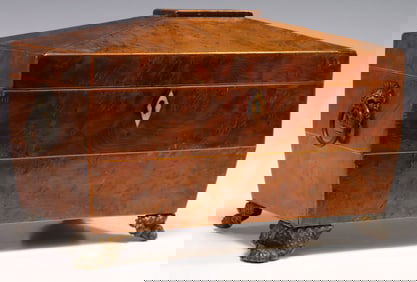 ENGLISH REGENCY PERIOD BURLWOOD SARCOPHAGUS-FORM TEA CADDY