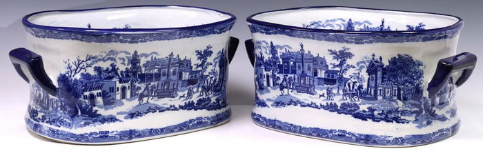 (2) BLUE & WHITE TRANSFERWARE STREET SCENE FOOTBATHS