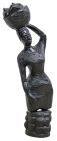 AFRICAN CARVED WOOD FIGURAL SCULPTURE, WOMAN WITH BASKET, 34.5"H