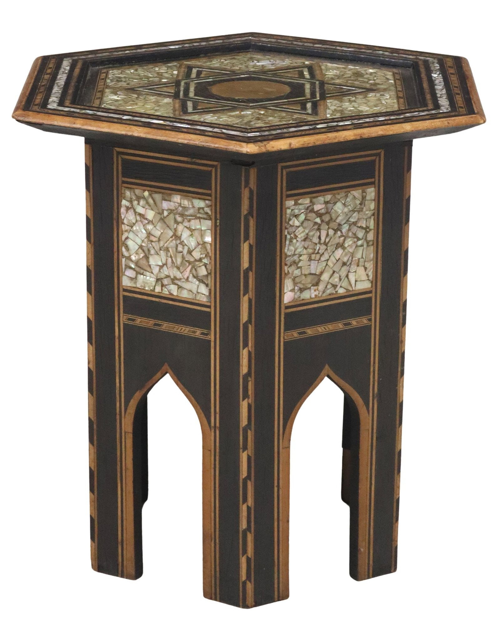 MOORISH STYLE SHELL-INLAID OCCASIONAL TABLE: Moorish style side table, in the manner of pieces retailed by Liberty & Company, early 20th c., hexagonal top with shell inlay, on a conforming base with arcaded panels, approx 20"h, 21.25&qu
