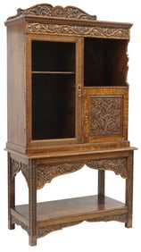 ENGLISH EDWARDIAN CARVED OAK ETAGERE CABINET