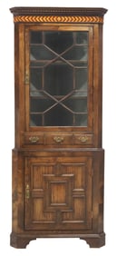 ENGLISH CARVED OAK PARQUETRY CORNER CABINET