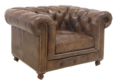 ENGLISH CHESTERFIELD STYLE BUTTON-TUFTED BROWN LEATHER CLUB CHAIR