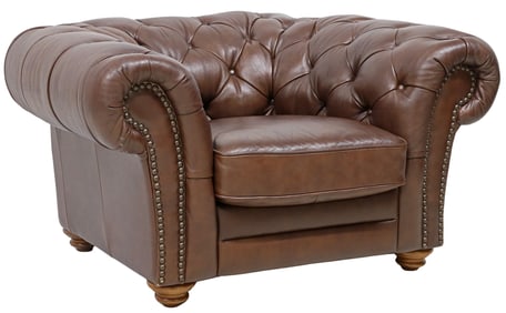 ENGLISH CHESTERFIELD STYLE BUTTON-TUFTED BROWN LEATHER CLUB CHAIR