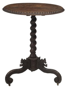ENGLISH ELMA STUART (D.1903) CARVED OAK TILT-TOP PEDESTAL TABLE