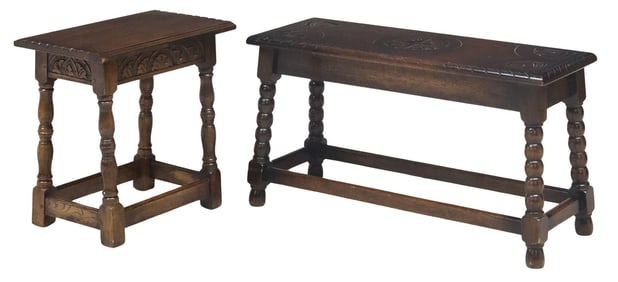 (2) ENGLISH CARVED OAK TABOURET & LOW BENCH